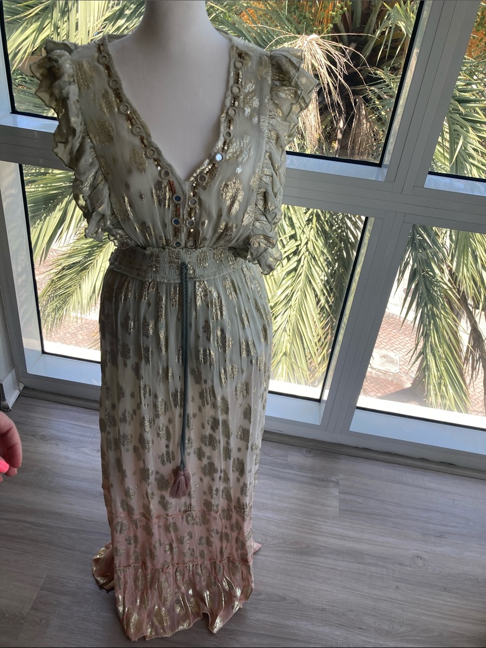 Cream and Pink Metallic-Accent Maxi Dress with Tassel Belt